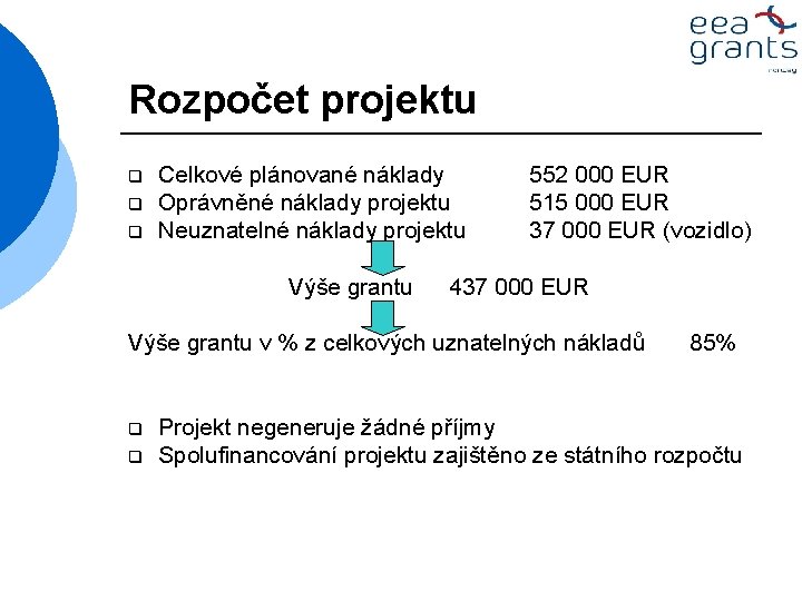 Rozpočet projektu q q q Celkové plánované náklady Oprávněné náklady projektu Neuznatelné náklady projektu