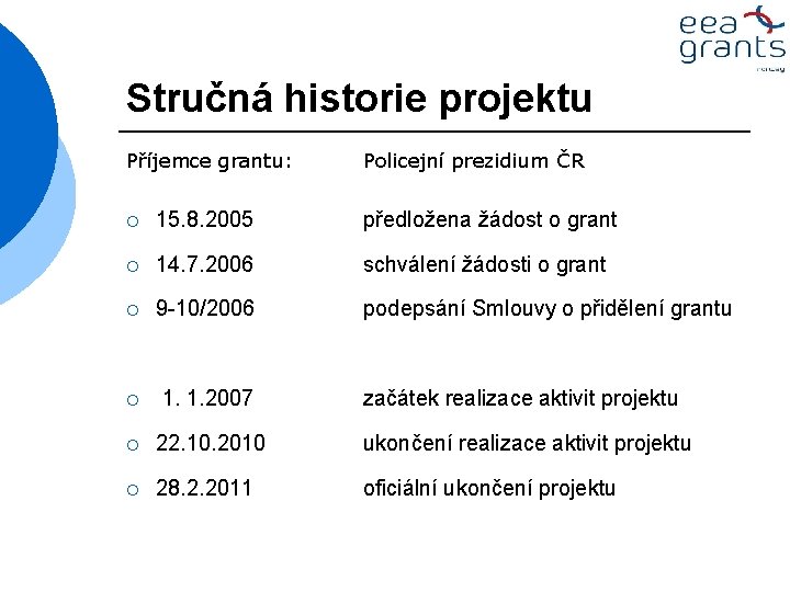 Stručná historie projektu Příjemce grantu: Policejní prezidium ČR ¡ 15. 8. 2005 předložena žádost