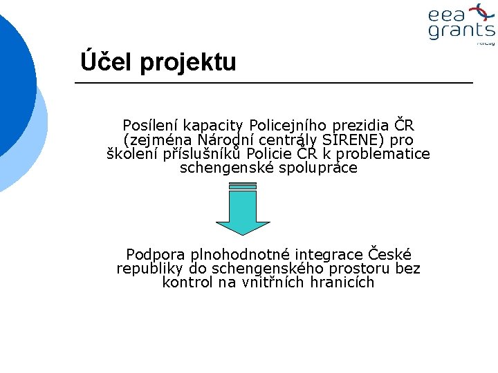 Účel projektu Posílení kapacity Policejního prezidia ČR (zejména Národní centrály SIRENE) pro školení příslušníků