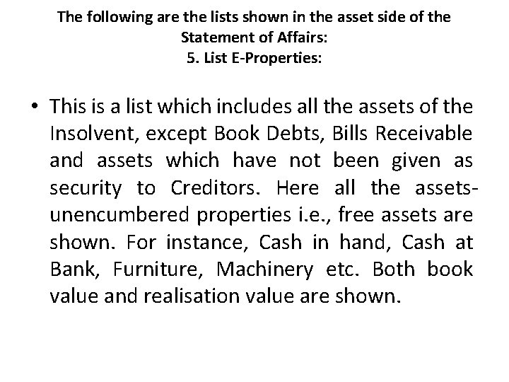 The following are the lists shown in the asset side of the Statement of