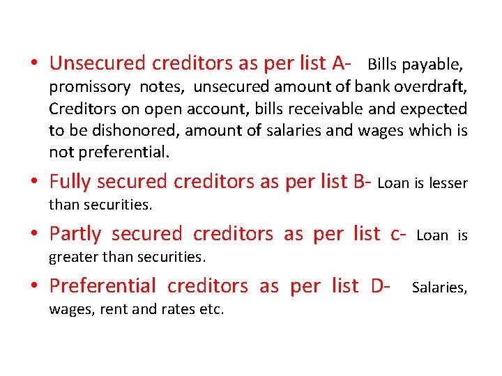  • Unsecured creditors as per list A Bills payable, promissory notes, unsecured amount