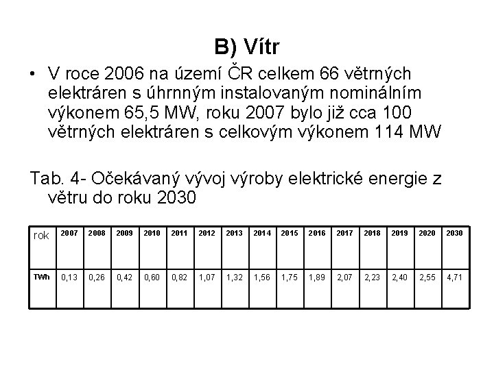 B) Vítr • V roce 2006 na území ČR celkem 66 větrných elektráren s