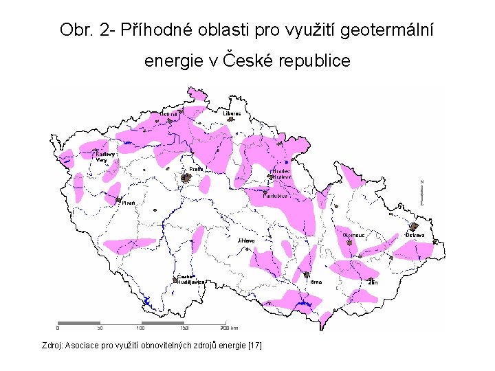 Obr. 2 - Příhodné oblasti pro využití geotermální energie v České republice Zdroj: Asociace