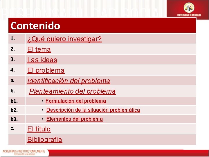 Contenido 1. 2. 3. 4. a. b. ¿Qué quiero investigar? El tema Las ideas