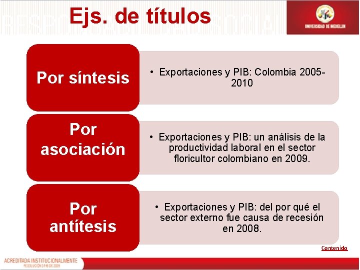 Ejs. de títulos Por síntesis Por asociación Por antítesis • Exportaciones y PIB: Colombia