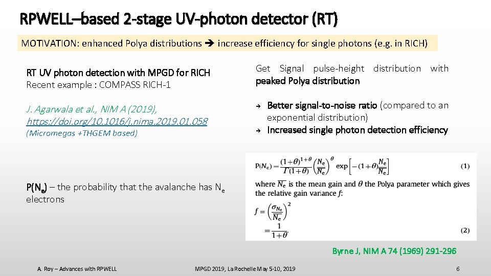 RPWELL–based 2 -stage UV-photon detector (RT) MOTIVATION: enhanced Polya distributions increase efficiency for single