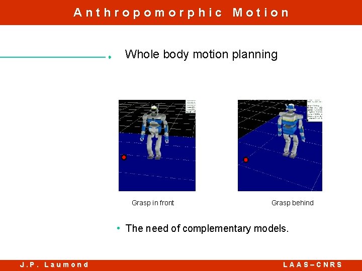 Anthropomorphic Motion Whole body motion planning Grasp in front Grasp behind • The need