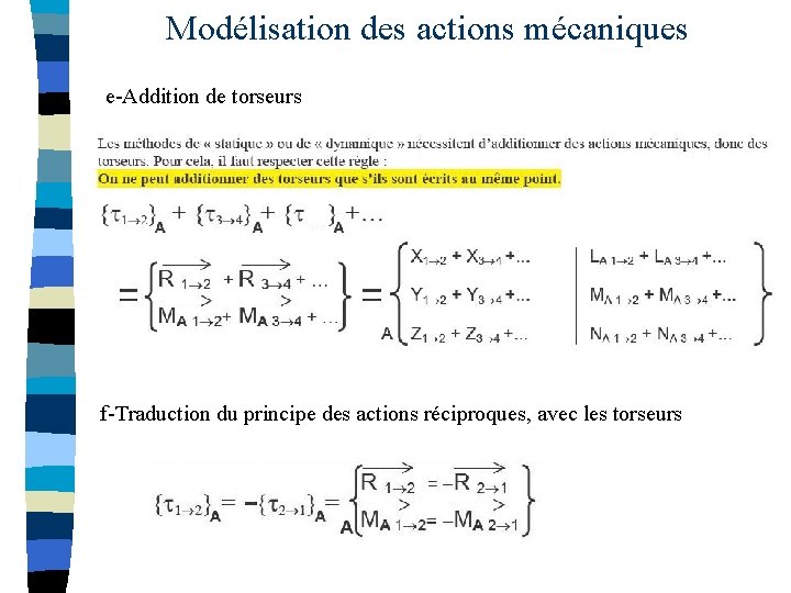 Modélisation des actions mécaniques e-Addition de torseurs f-Traduction du principe des actions réciproques, avec