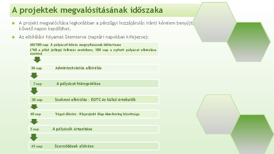 A projektek megvalósításának időszaka A projekt megvalósítása legkorábban a pénzügyi hozzájárulás iránti kérelem benyújtását