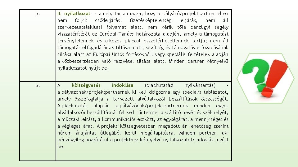 5. II. nyilatkozat – amely tartalmazza, hogy a pályázó/projektpartner ellen nem folyik csődeljárás, fizetésképtelenségi