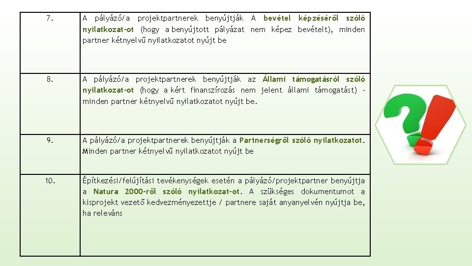 7. A pályázó/a projektpartnerek benyújtják A bevétel képzéséről szóló nyilatkozat-ot (hogy a benyújtott pályázat