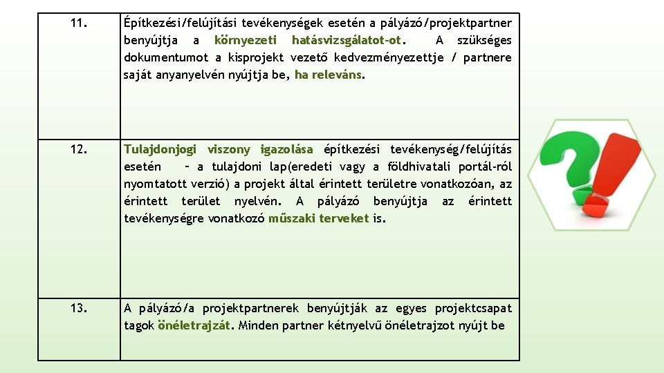 11. Építkezési/felújítási tevékenységek esetén a pályázó/projektpartner benyújtja a környezeti hatásvizsgálatot-ot. A szükséges dokumentumot a