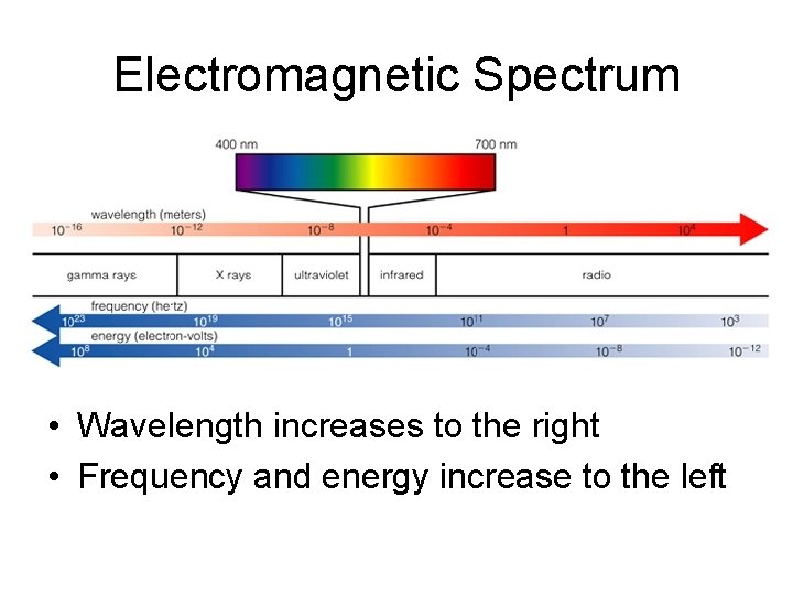 Electromagnetic Spectrum • Wavelength increases to the right • Frequency and energy increase to