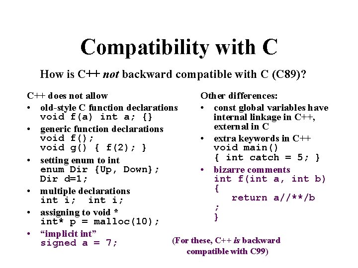 Compatibility with C How is C++ not backward compatible with C (C 89)? C++
