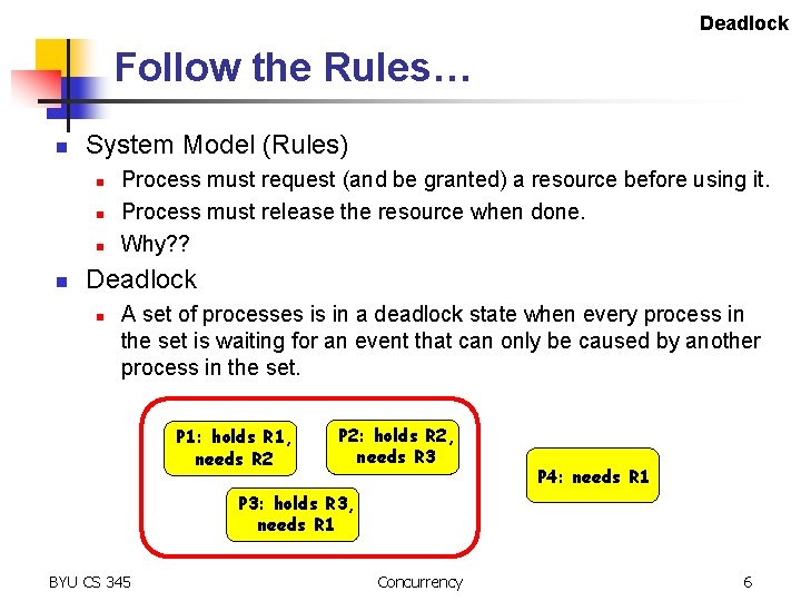 Deadlock Follow the Rules… n System Model (Rules) n n Process must request (and