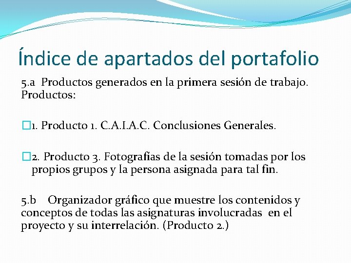 Índice de apartados del portafolio 5. a Productos generados en la primera sesión de