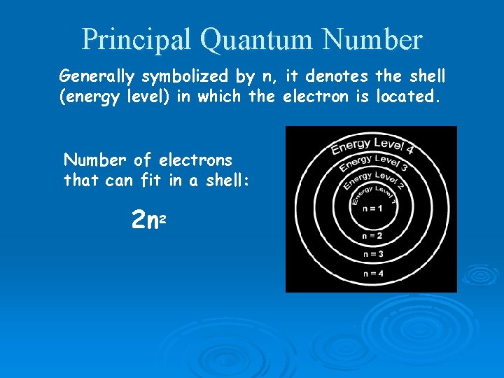 Principal Quantum Number Generally symbolized by n, it denotes the shell (energy level) in