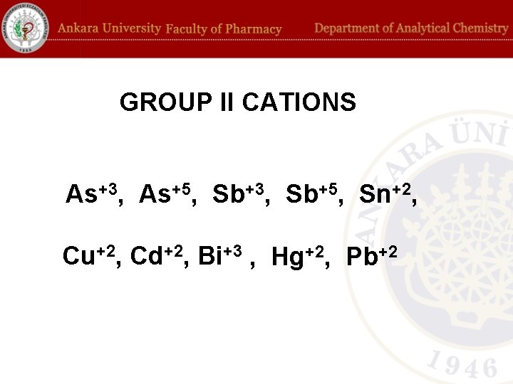 GROUP II CATIONS As+3, As+5, Sb+3, Sb+5, Sn+2, Cu+2, Cd+2, Bi+3 , Hg+2, Pb+2