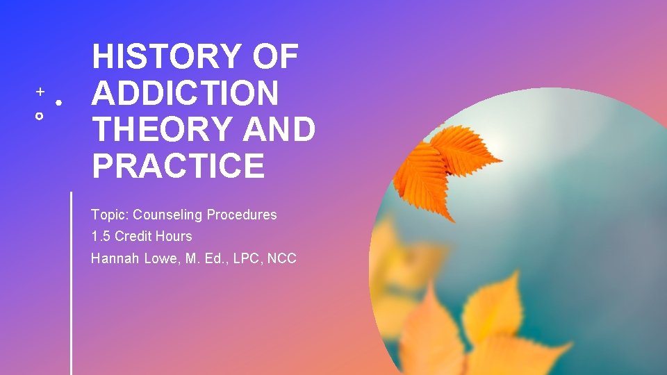 HISTORY OF ADDICTION THEORY AND PRACTICE Topic: Counseling Procedures 1. 5 Credit Hours Hannah