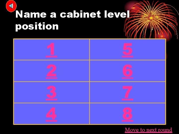 Name a cabinet level position 1 2 3 4 5 6 7 8 Move