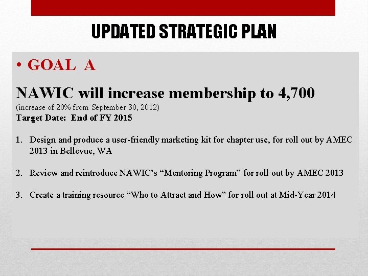 UPDATED STRATEGIC PLAN • GOAL A NAWIC will increase membership to 4, 700 (increase