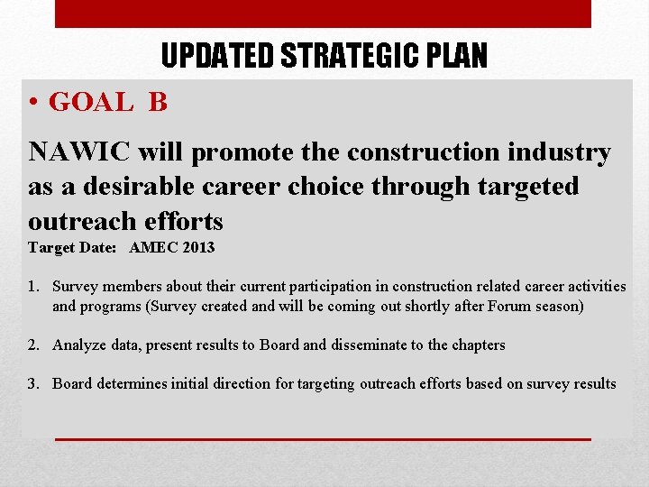 UPDATED STRATEGIC PLAN • GOAL B NAWIC will promote the construction industry as a