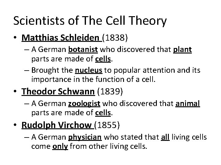 Scientists of The Cell Theory • Matthias Schleiden (1838) – A German botanist who Scientists of The Cell Theory • Matthias Schleiden (1838) – A German botanist who