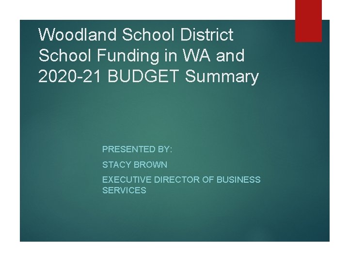 Woodland School District School Funding in WA and 2020 -21 BUDGET Summary PRESENTED BY: