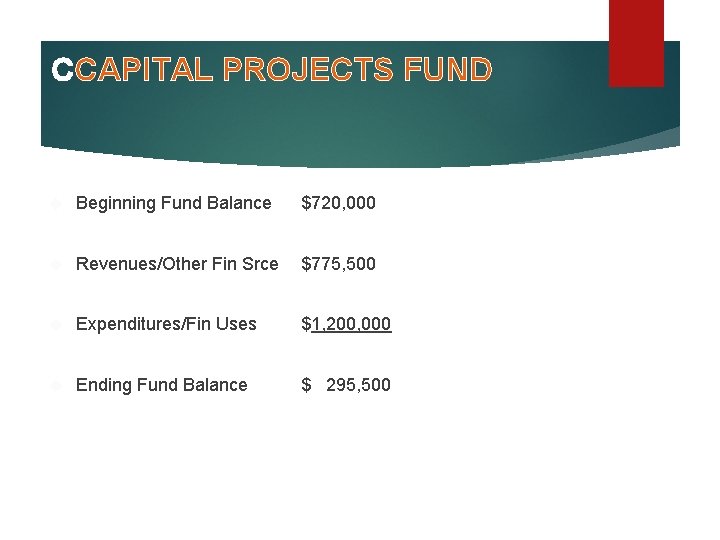 CCAPITAL PROJECTS FUND Beginning Fund Balance $720, 000 Revenues/Other Fin Srce $775, 500 Expenditures/Fin