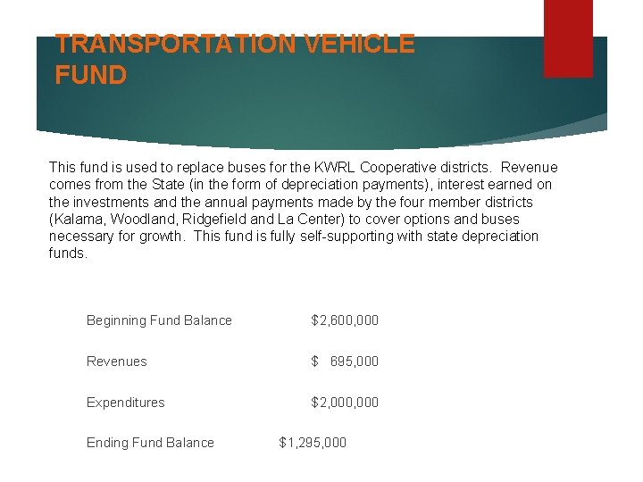 TRANSPORTATION VEHICLE FUND This fund is used to replace buses for the KWRL Cooperative