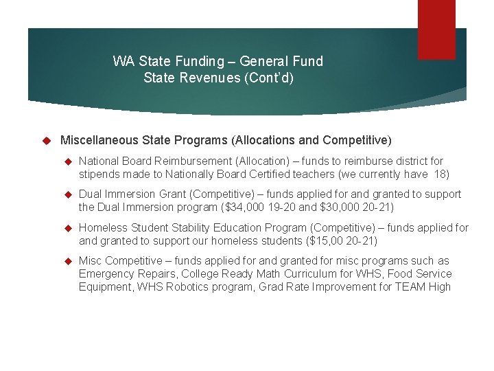 WA State Funding – General Fund State Revenues (Cont’d) Miscellaneous State Programs (Allocations and