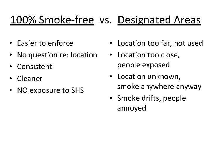 100% Smoke-free vs. Designated Areas • • • Easier to enforce No question re:
