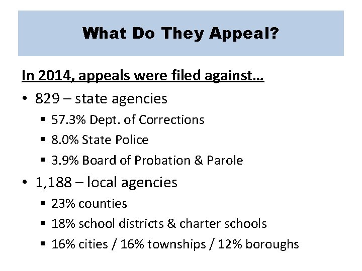What Do They Appeal? In 2014, appeals were filed against… • 829 – state What Do They Appeal? In 2014, appeals were filed against… • 829 – state
