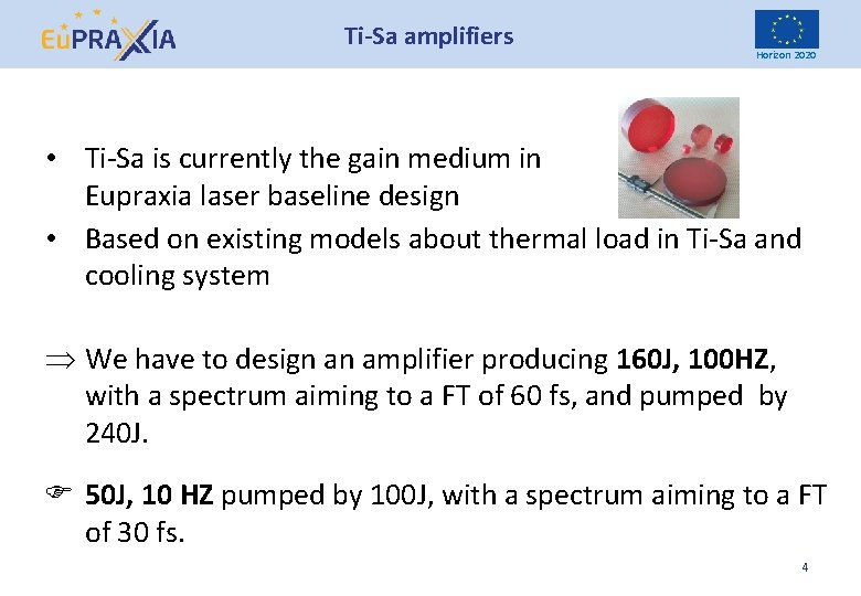 Ti-Sa amplifiers Horizon 2020 • Ti-Sa is currently the gain medium in Eupraxia laser