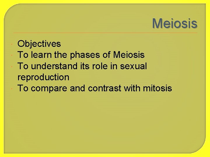 Meiosis Objectives To learn the phases of Meiosis To understand its role in sexual