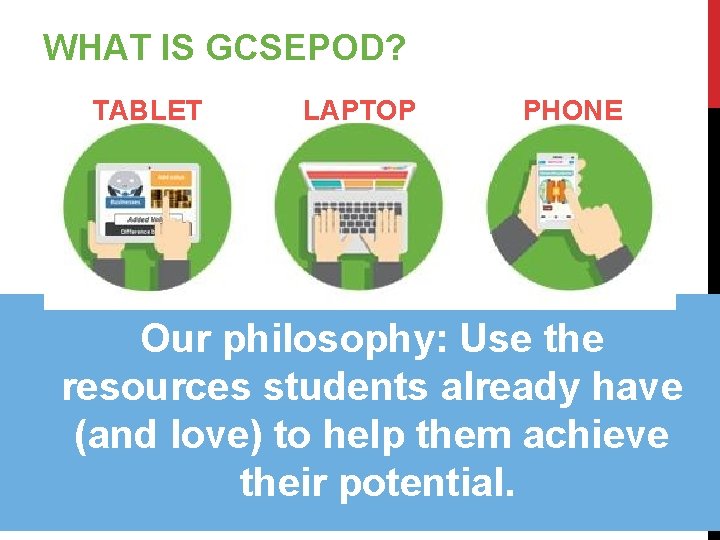WHAT IS GCSEPOD? TABLET LAPTOP PHONE Our philosophy: Use the resources students already have