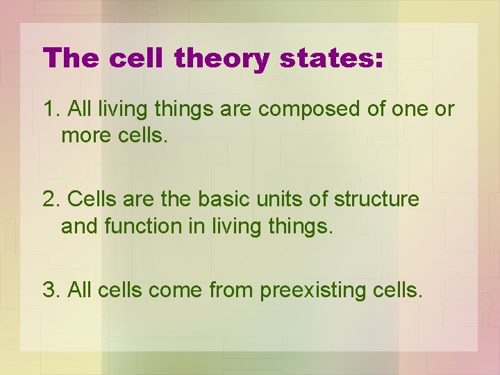 The cell theory states: 1. All living things are composed of one or more
