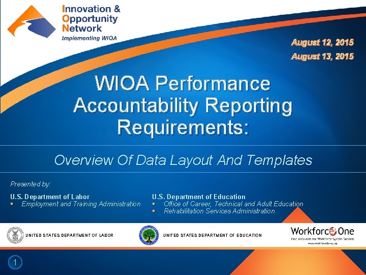 August 12, 2015 August 13, 2015 WIOA Performance Accountability Reporting Requirements: Overview Of Data