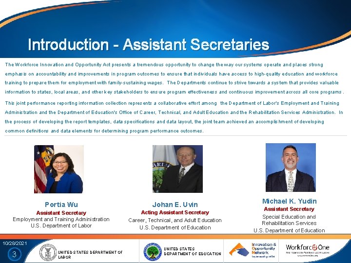 Introduction - Assistant Secretaries The Workforce Innovation and Opportunity Act presents a tremendous opportunity