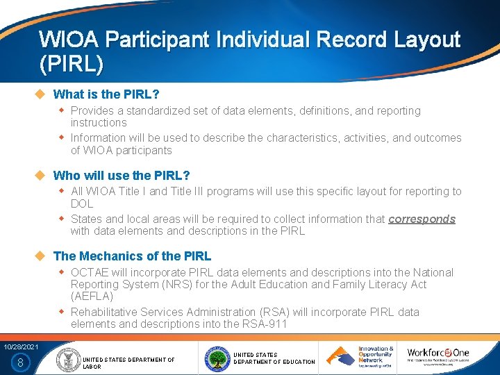 WIOA Participant Individual Record Layout (PIRL) What is the PIRL? Provides a standardized set