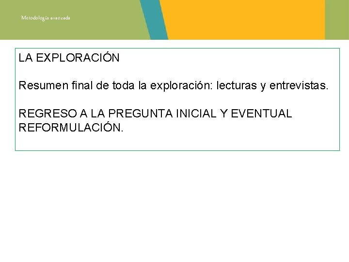 Metodología avanzada LA EXPLORACIÓN Resumen final de toda la exploración: lecturas y entrevistas. REGRESO