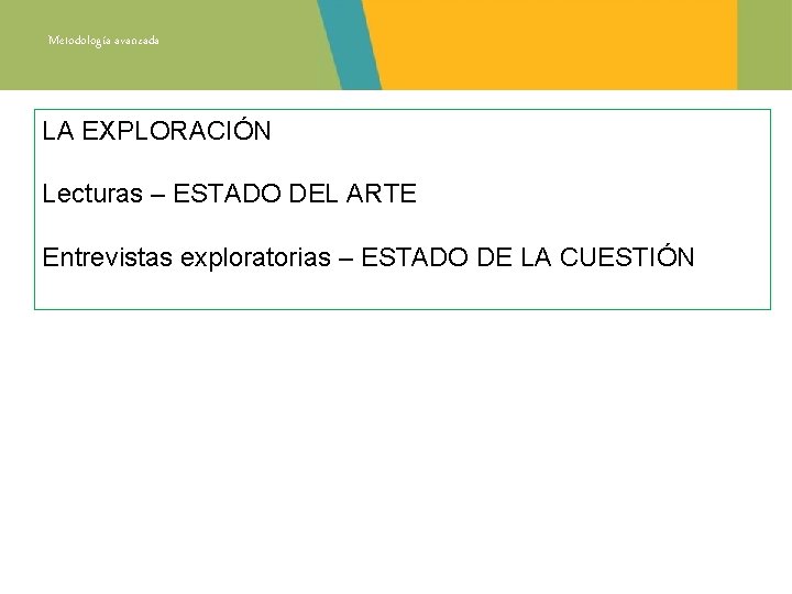 Metodología avanzada LA EXPLORACIÓN Lecturas – ESTADO DEL ARTE Entrevistas exploratorias – ESTADO DE