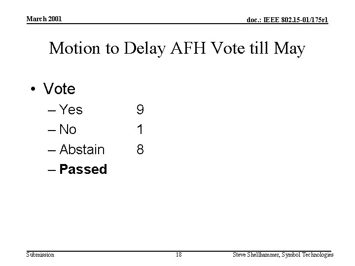 March 2001 doc. : IEEE 802. 15 -01/175 r 1 Motion to Delay AFH