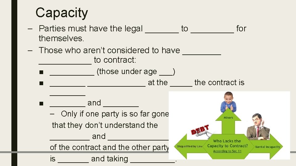 Capacity – Parties must have the legal _______ to _____ for themselves. – Those