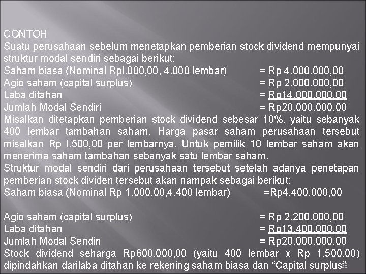 CONTOH Suatu perusahaan sebelum menetapkan pemberian stock dividend mempunyai struktur modal sendiri sebagai berikut: