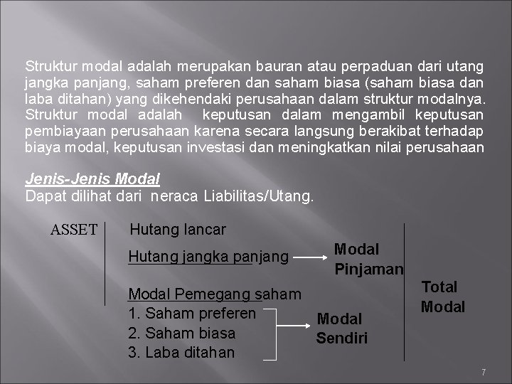 Struktur modal adalah merupakan bauran atau perpaduan dari utang jangka panjang, saham preferen dan