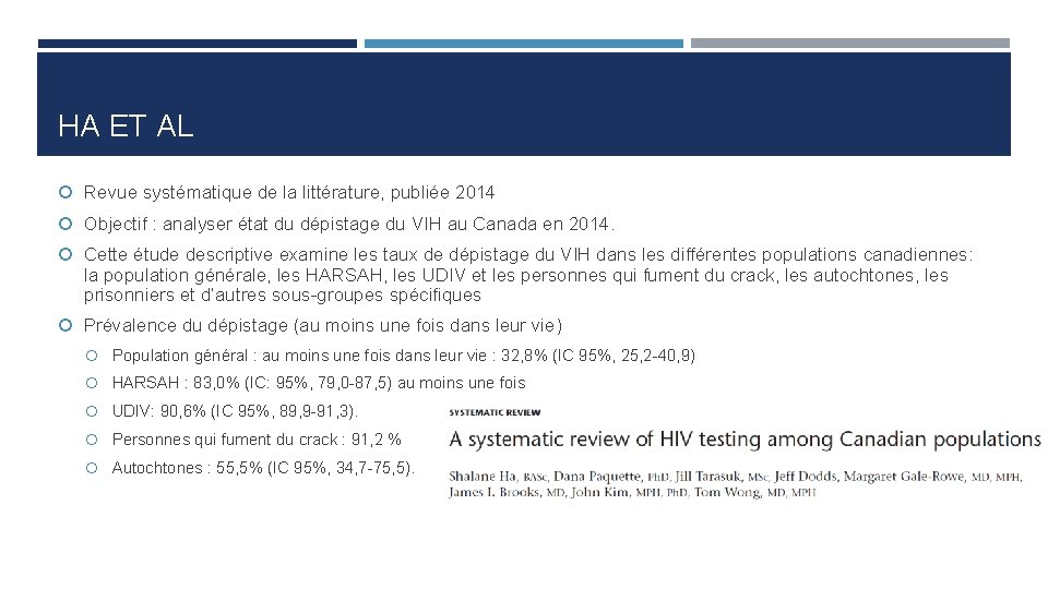 HA ET AL Revue systématique de la littérature, publiée 2014 Objectif : analyser état