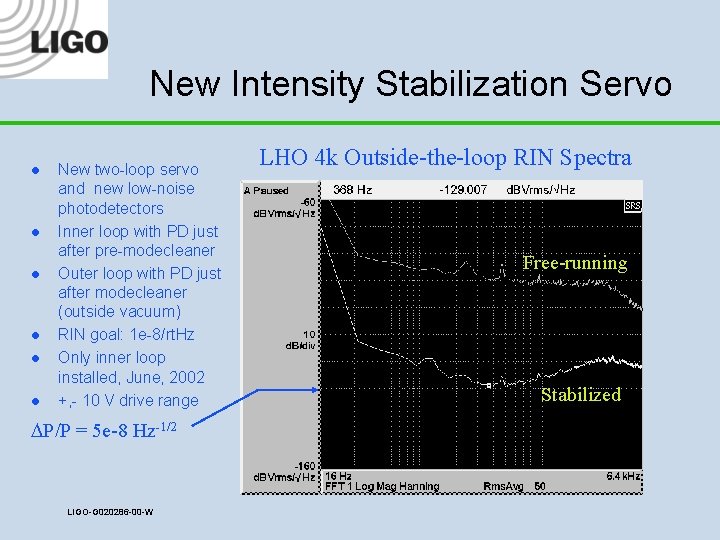 New Intensity Stabilization Servo l l l New two-loop servo and new low-noise photodetectors