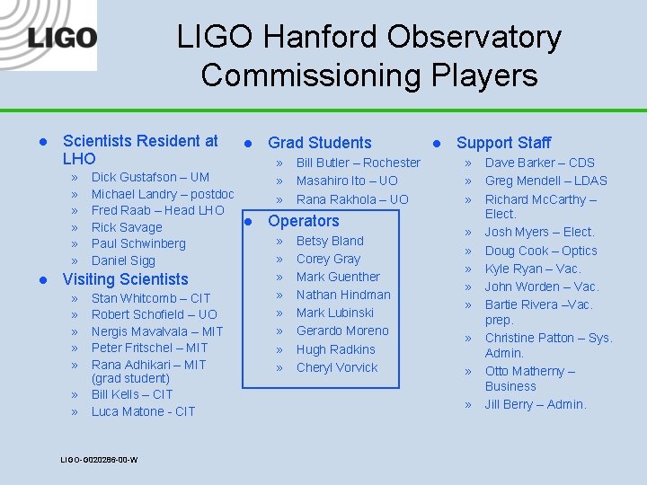 LIGO Hanford Observatory Commissioning Players l Scientists Resident at LHO » » » l