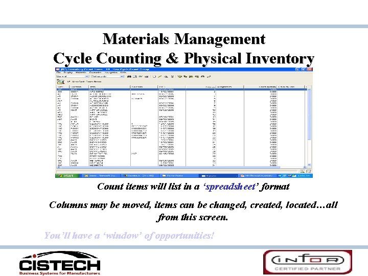 Materials Management Cycle Counting & Physical Inventory Count items will list in a ‘spreadsheet’